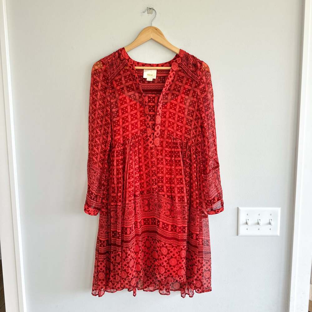 Anthropologie Maeve Canna Semi-Sheer V-Neck Mini Swing Dress Red 0